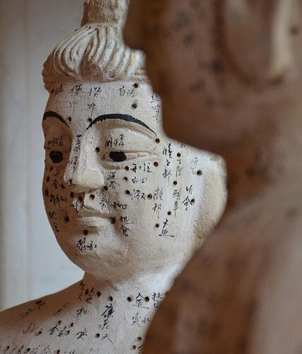 Modèle traditionnel présentant les points d’acupuncture sur le visage et le haut du corps